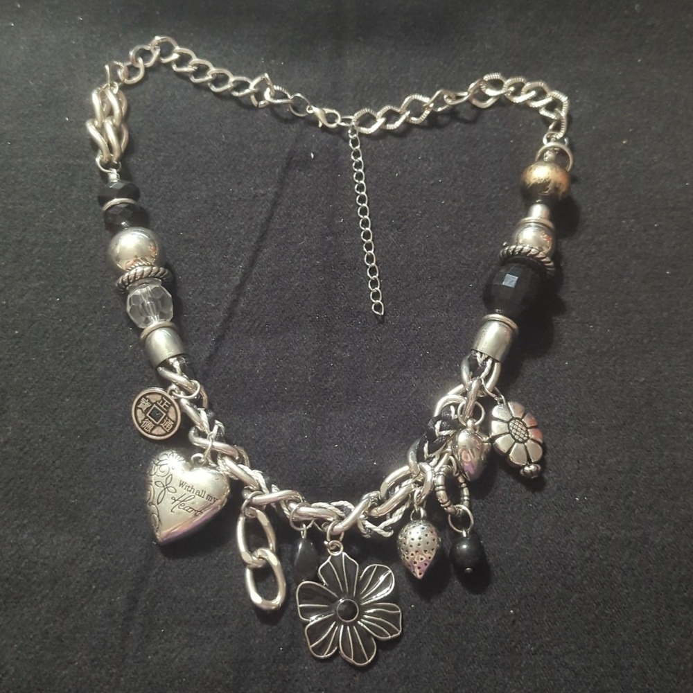 Silver Tone Black Heart Flower Coin Silk Cord Charm Statement Necklace.